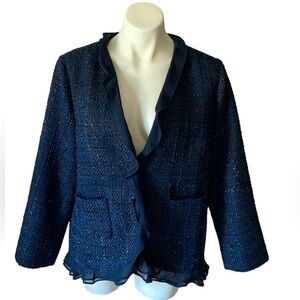 Vince Camuto Blue And Black Tweed Sheer Ruffle Jacket Size 14W Plus Size